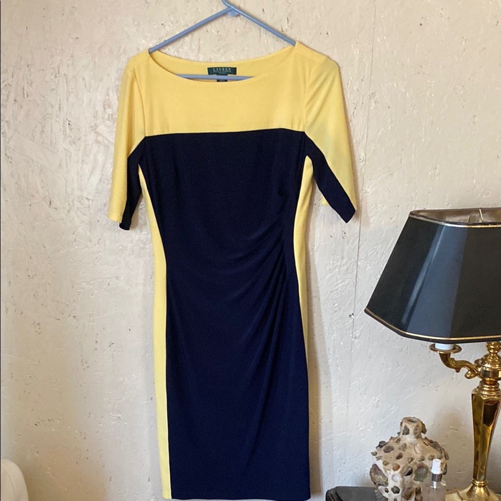 Lauren Ralph Lauren Two-Tone Yellow and Navy Midi Dress